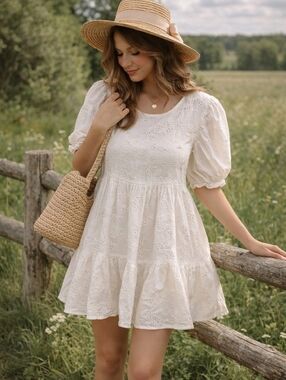 Aritzia Sunday Best Soft White Eyelet Puff Sleeve Babydoll Dress - Cottagecore -